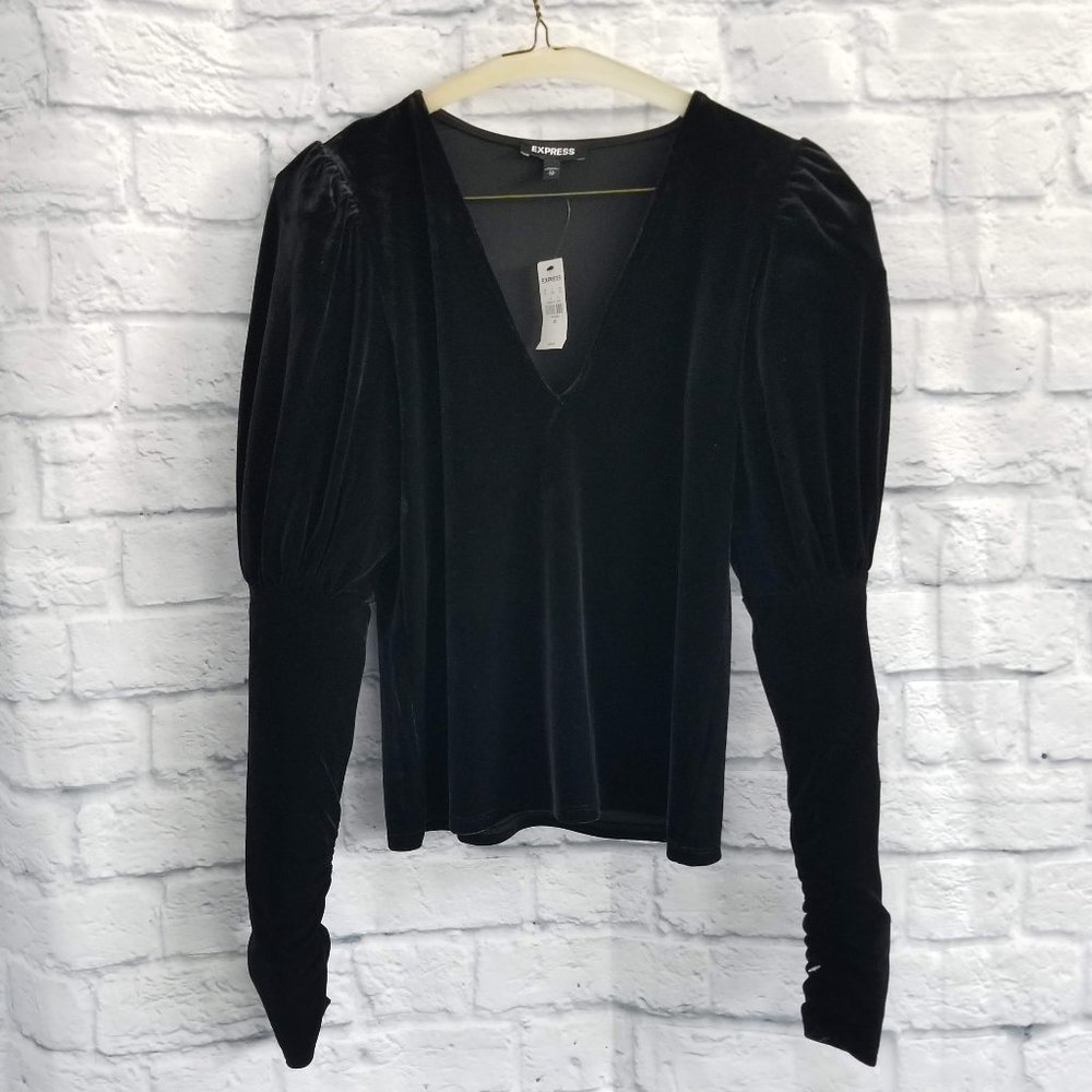 Express Black Velvet Balloon Ruched  Sleeve Top
